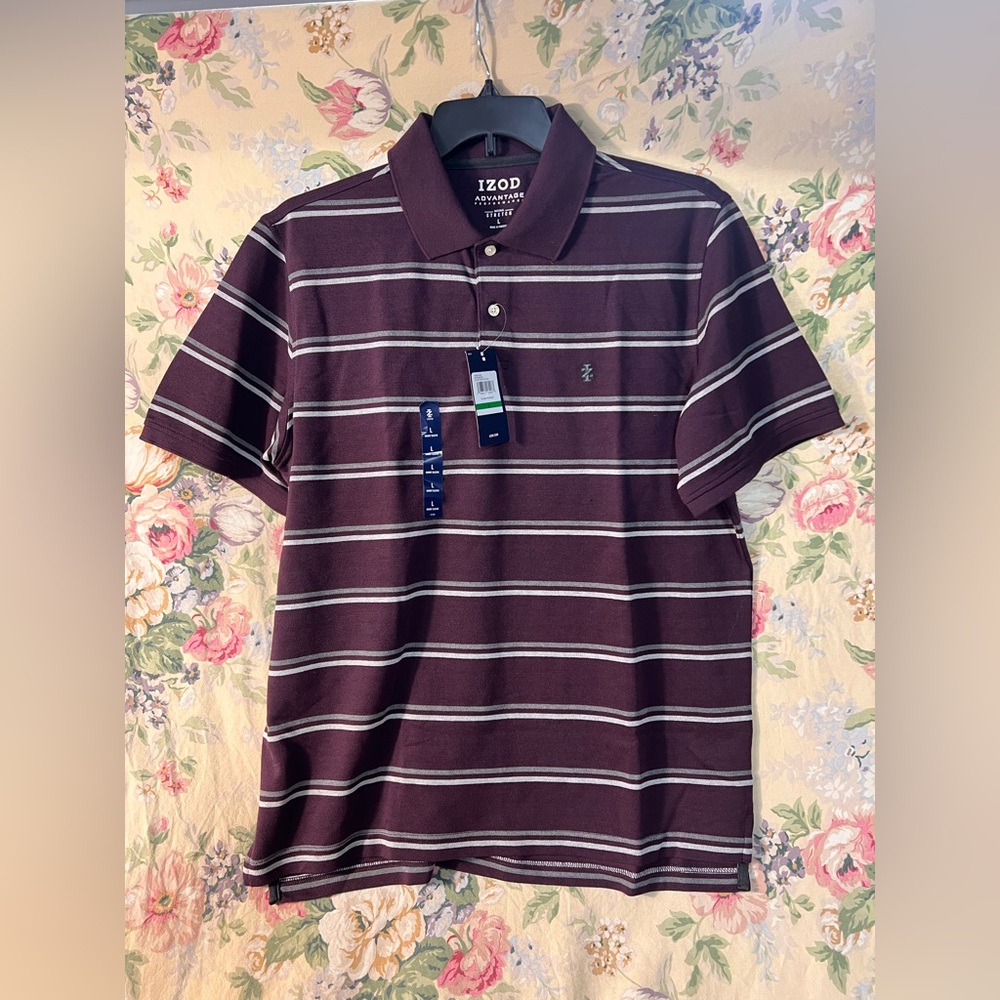 Izod Men's Burgundy and White Striped Polo
